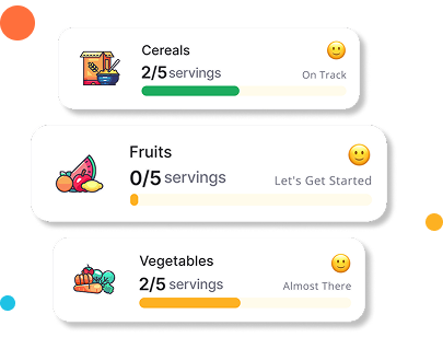 Balanced food group progress cards for cereals, fruits, and vegetables